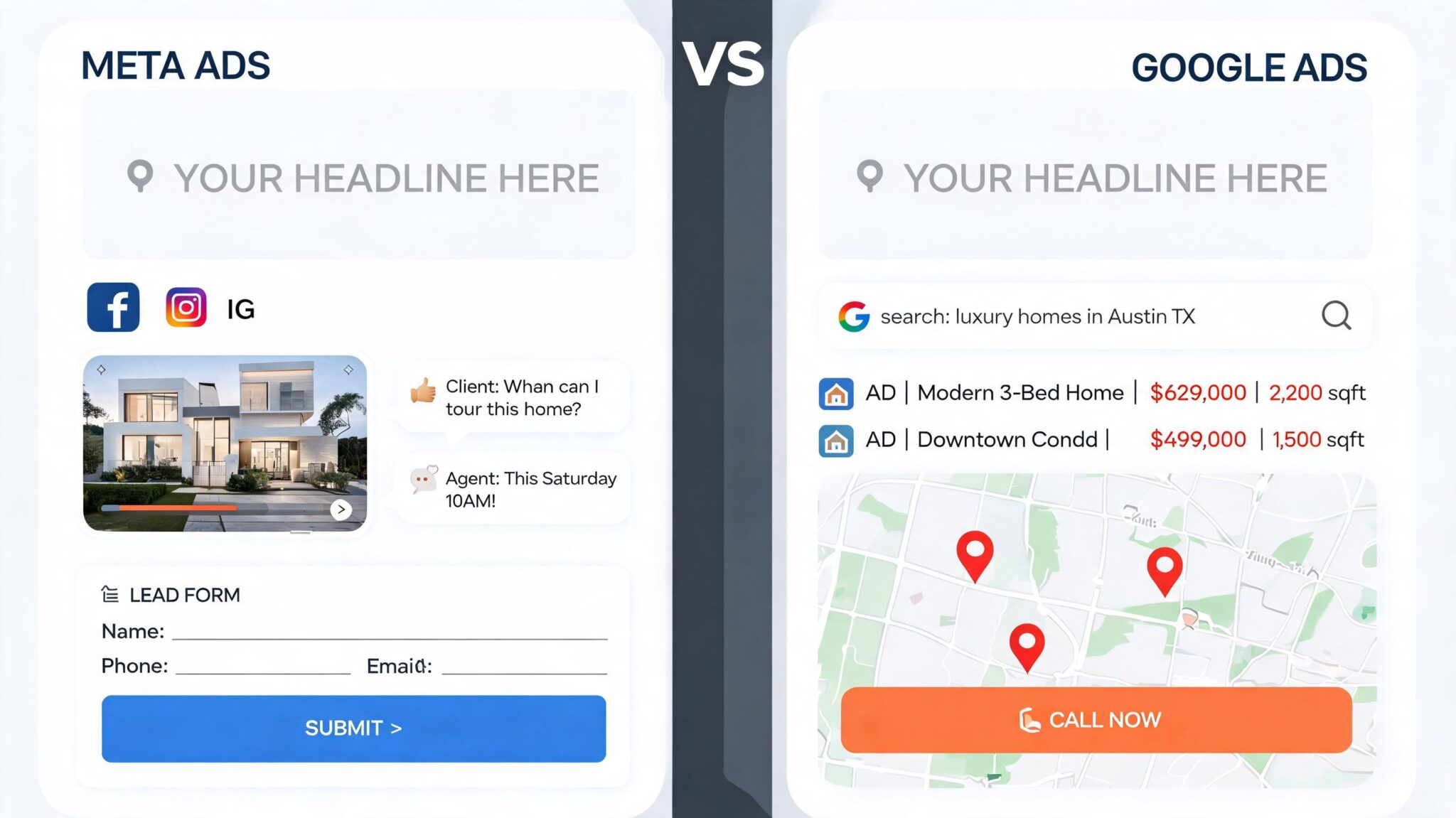Meta Ads vs Google Ads for real estate lead generation comparison.